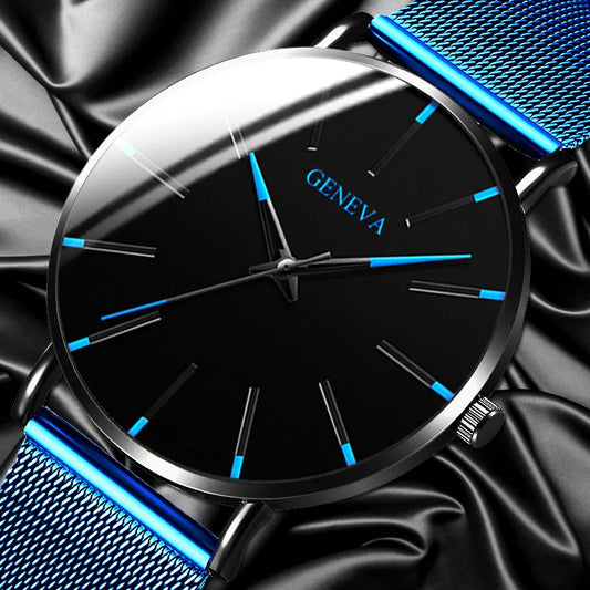 2024 Geneva Minimalist Watch Men Ultra Thin Blue Stainless Steel Mesh Belt Watches